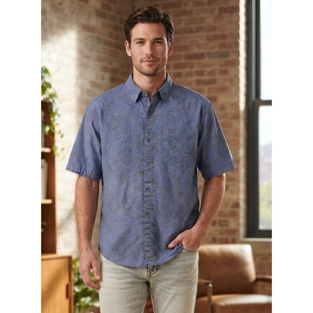 Axis by K. Yoshio Abstract Geometric Button Down Short Sleeve Shirt Mens XL Blue